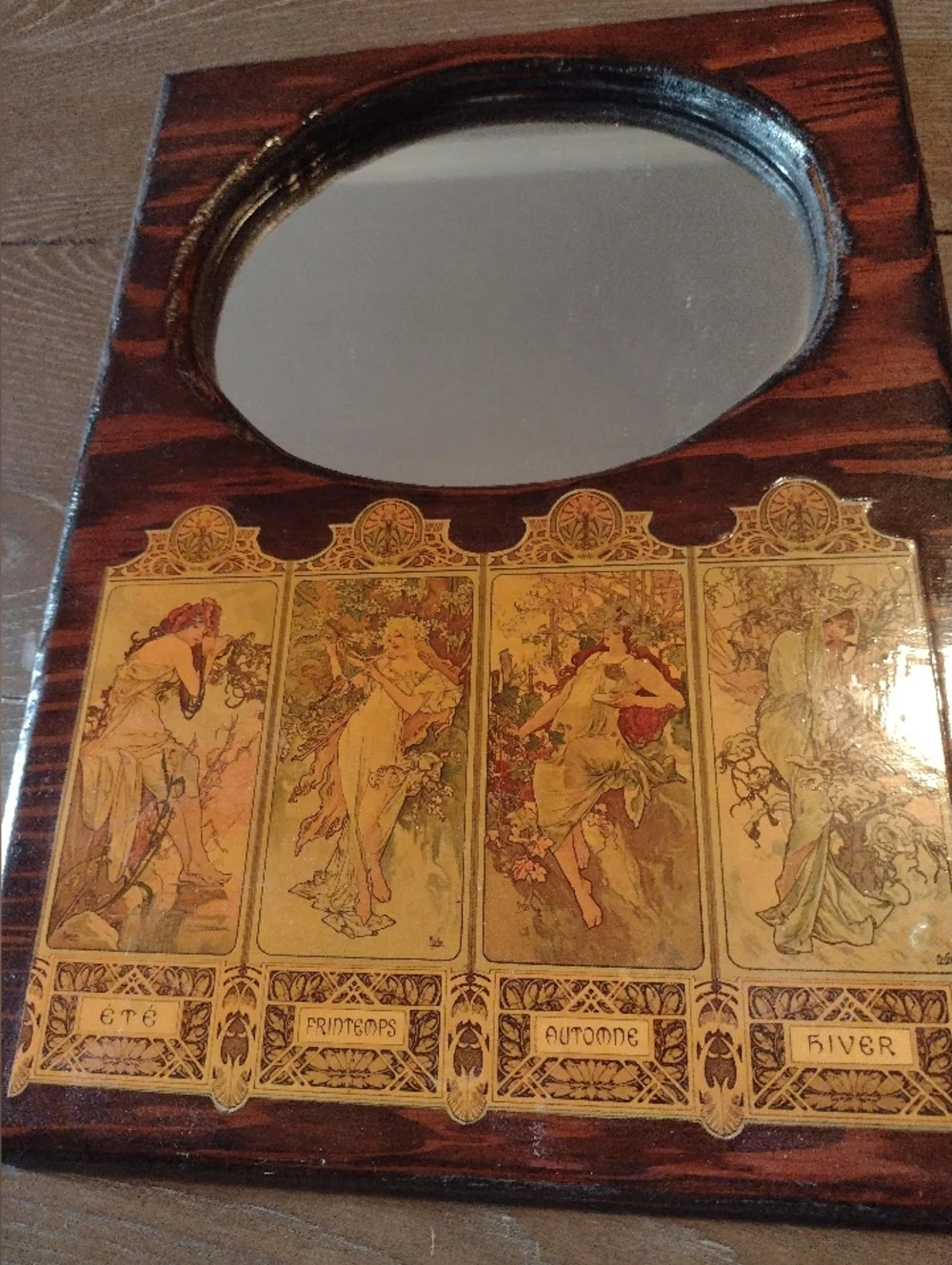 Vintage Art Nouveau Wooden Mirror with Four Seasons Panels, Handmade - Picture 4 of 11